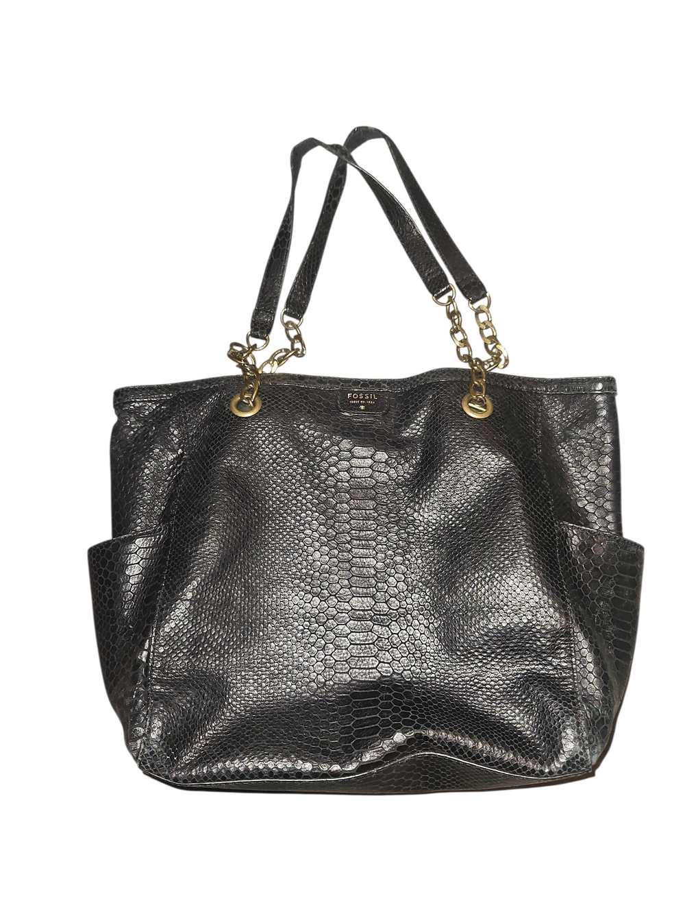 Fossil Black Faux-Snake Tote with Gold Chain Straps
